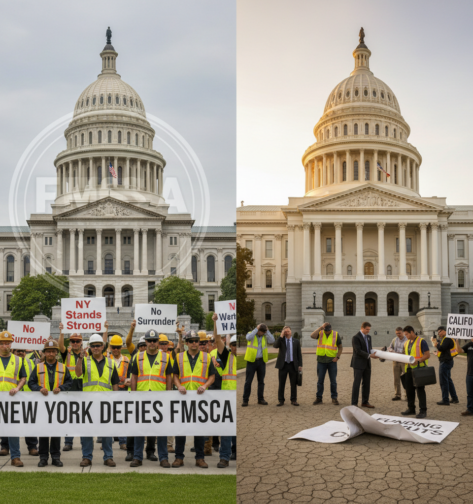 CDL Showdown: New York Defies FMCSA, California Capitulates Amidst Funding Threats — AI-generated illustration