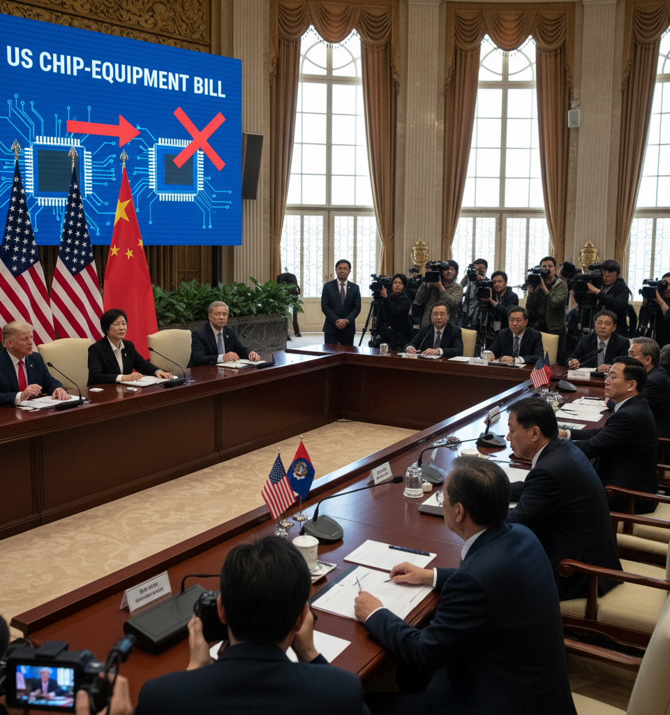 China Escalates Criticism of US Chip-Equipment Bill Amidst Trump's Beijing Visit — AI-generated illustration
