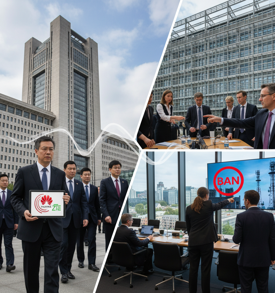 China Warns EU of Retaliation Over Potential Huawei, ZTE Ban in Cybersecurity Crackdown — AI-generated illustration