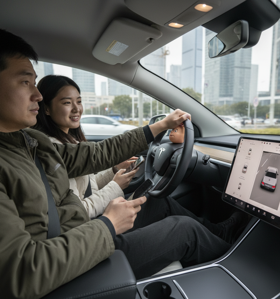 Chinese Drivers Employ DIY Gadgets to Bypass Tesla Autopilot Safeguards — AI-generated illustration