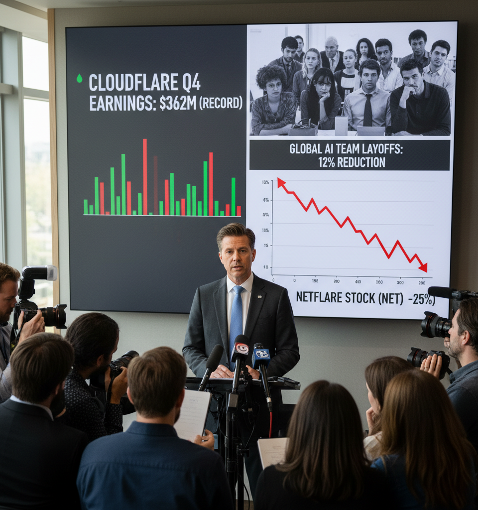 Cloudflare's AI Paradox: Record Earnings, Mass Layoffs, and a Stock Dive — AI-generated illustration