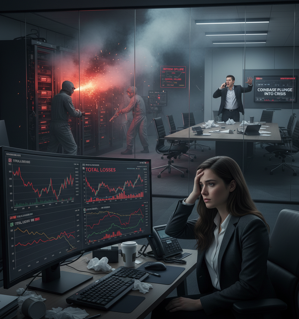 Coinbase Plunges into Crisis: Layoffs, Massive Losses, and Outage Rock Crypto Giant — AI-generated illustration