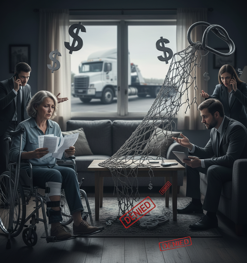 Collapsing Safety Net: How Risky Insurers and Factoring Firms Endanger Trucking Accident Victims — AI-generated illustration