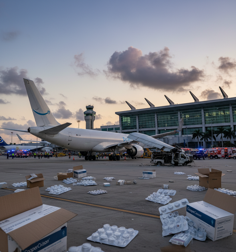 CooperVision Contact Lens Shipment Stranded After Amazon Cargo Jet Incident at Miami Airport — AI-generated illustration