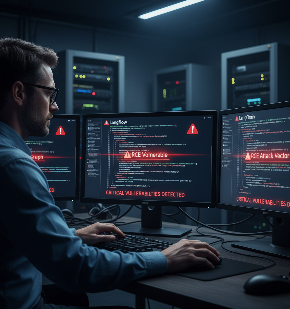 Critical Vulnerabilities Expose AI Agent Frameworks Langflow, LangGraph, and LangChain to RCE Attacks — AI-generated illustration