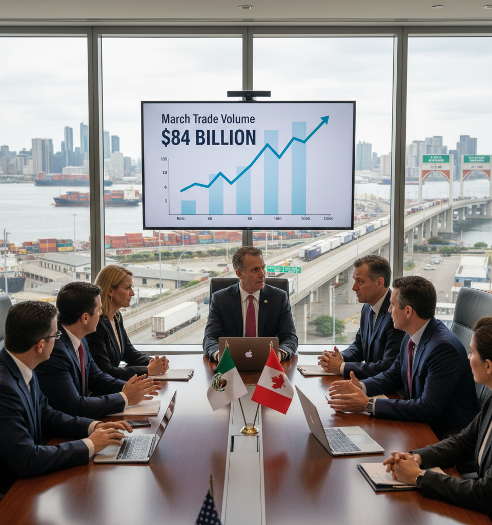 Cross-Border Trade Soars to $84 Billion in March as USMCA Discussions Intensify — AI-generated illustration