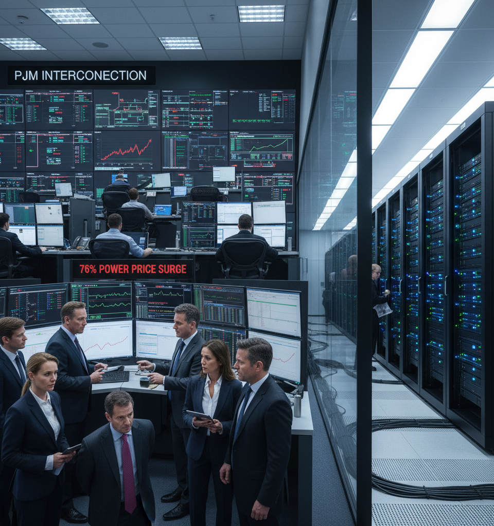 Data Center Boom Drives 76% Power Price Surge on America's Largest Grid, Sparking Watchdog Alarm — AI-generated illustration