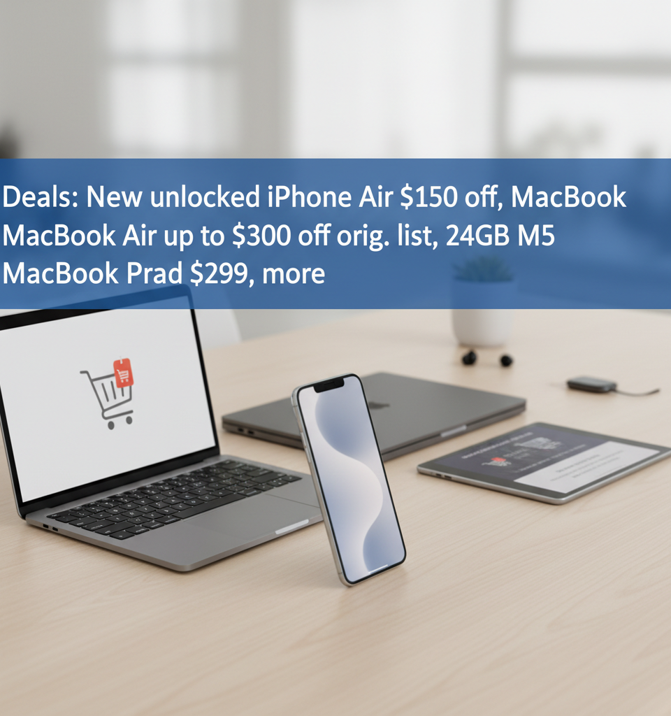 Deals: New unlocked iPhone Air $150 off, MacBook Air up to $300 off orig. list, 24GB M5 MacBook Pro, iPad $299, more — AI-generated illustration