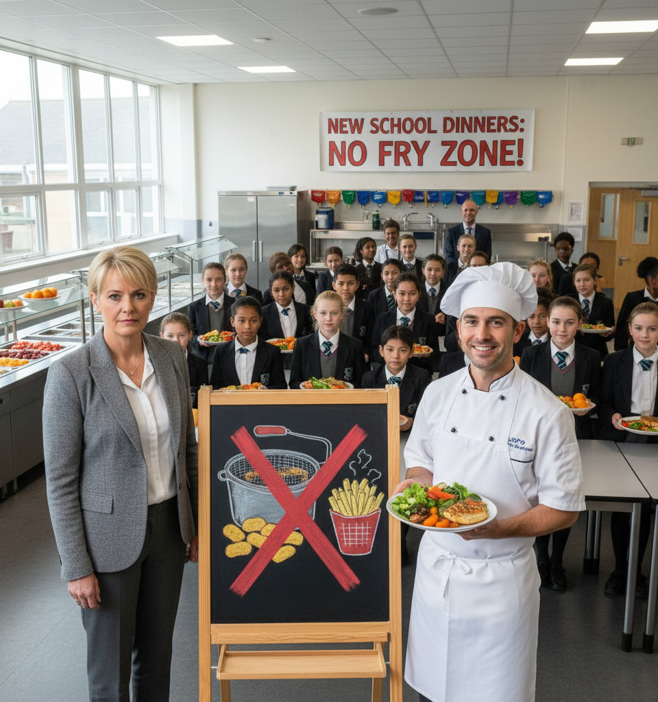 Deep-fried food banned in new plans for school dinners — AI-generated illustration