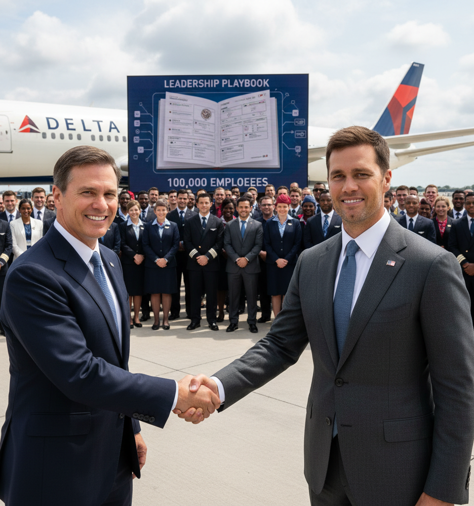 Delta Soars with Tom Brady: Leadership Playbook for 100,000 Employees — AI-generated illustration