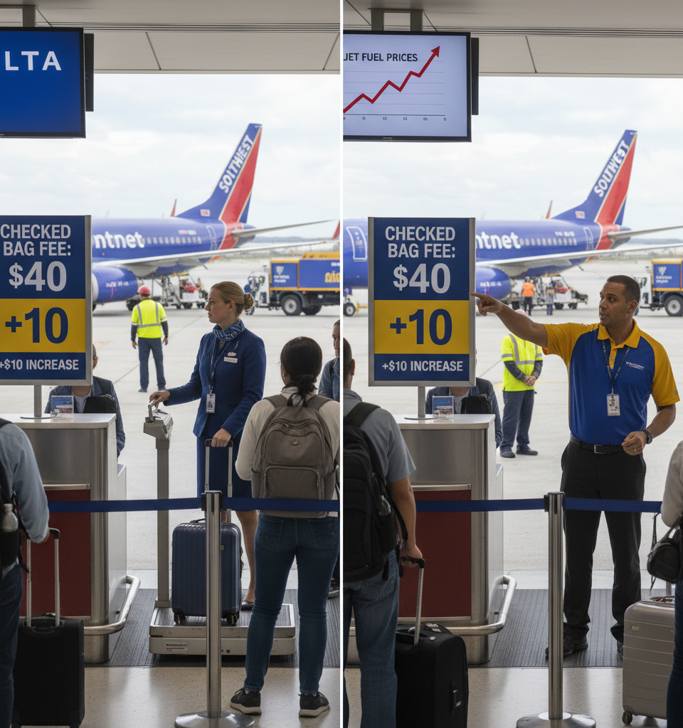 Delta, Southwest raise checked bag fees $10 amid jet fuel price surge, joining other carriers — AI-generated illustration