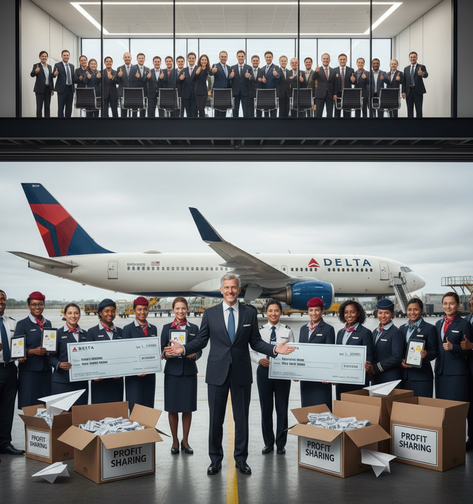 Delta started sharing profits with its 100,000 employees two decades ago. CEO Ed Bastian says shareholders love it — AI-generated illustration