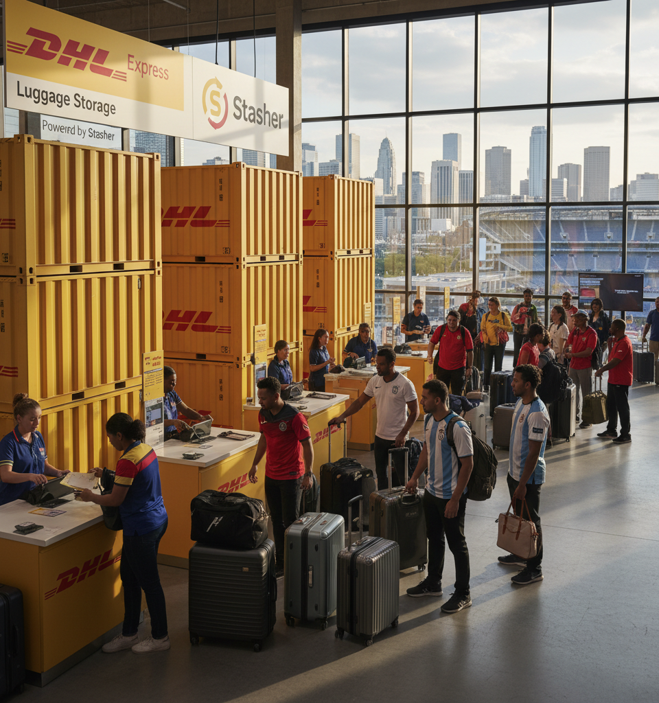 DHL Express Partners with Stasher to Offer Luggage Storage Ahead of World Cup in US — AI-generated illustration