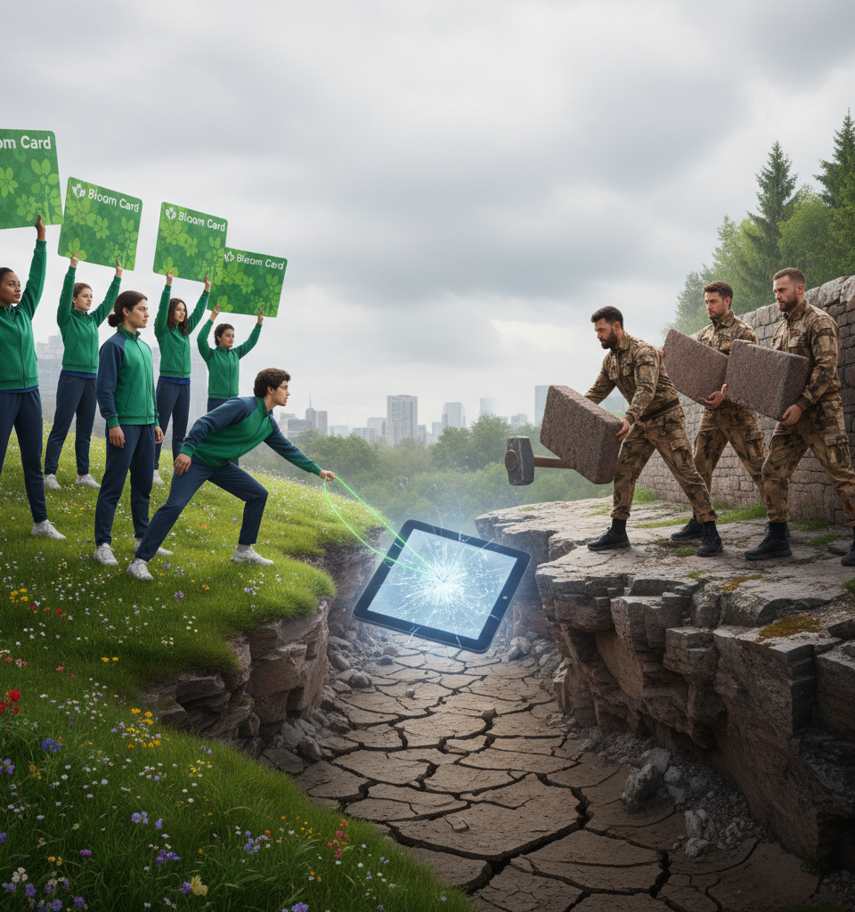 Digital Disconnect: Bloom Card and Brick Face Off in the Battle Against Screen Addiction — AI-generated illustration