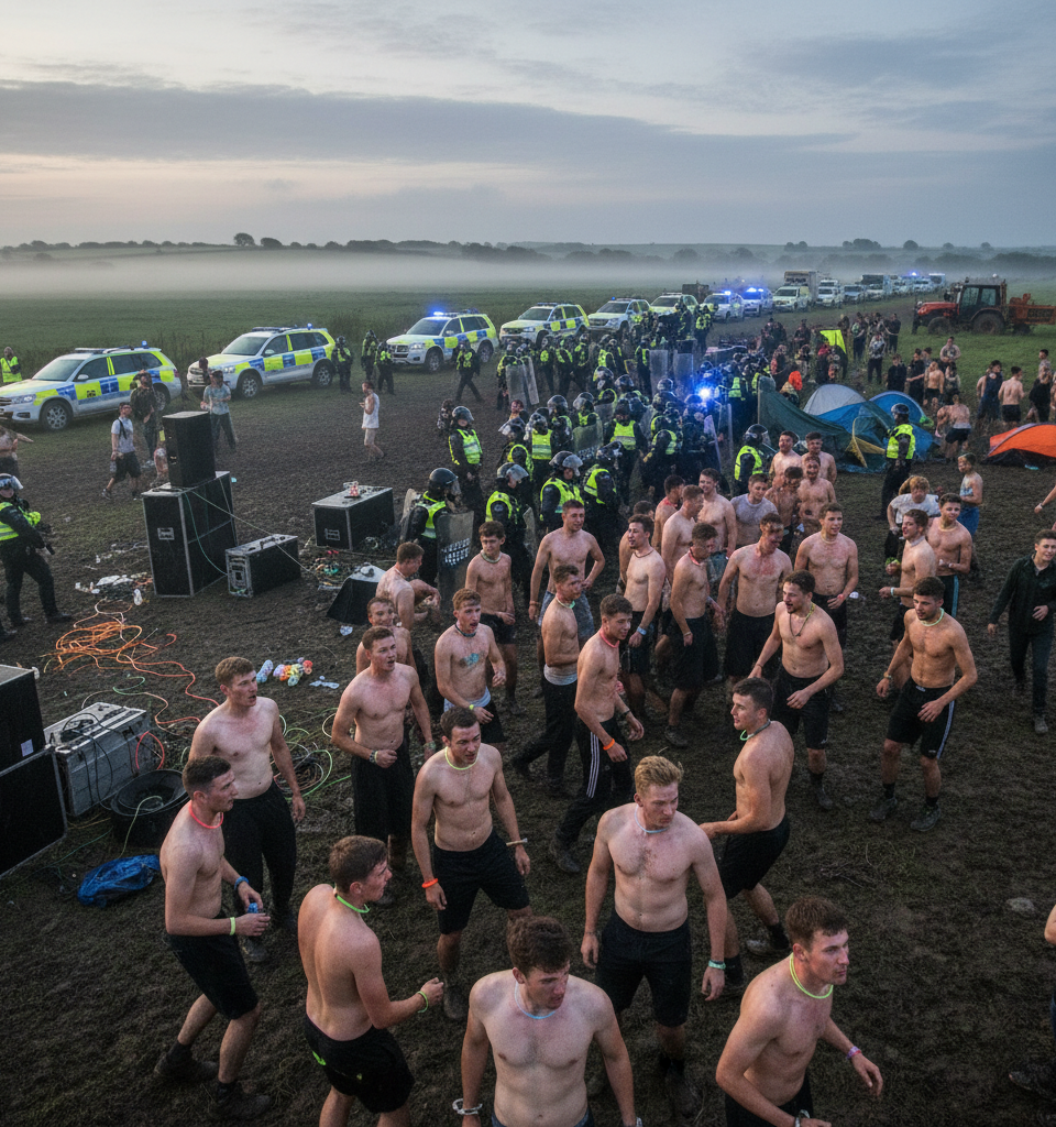 Dorset Police Dismantle Illegal Rave Attracting 2,000, Face 'Violent and Hostile' Crowd — AI-generated illustration