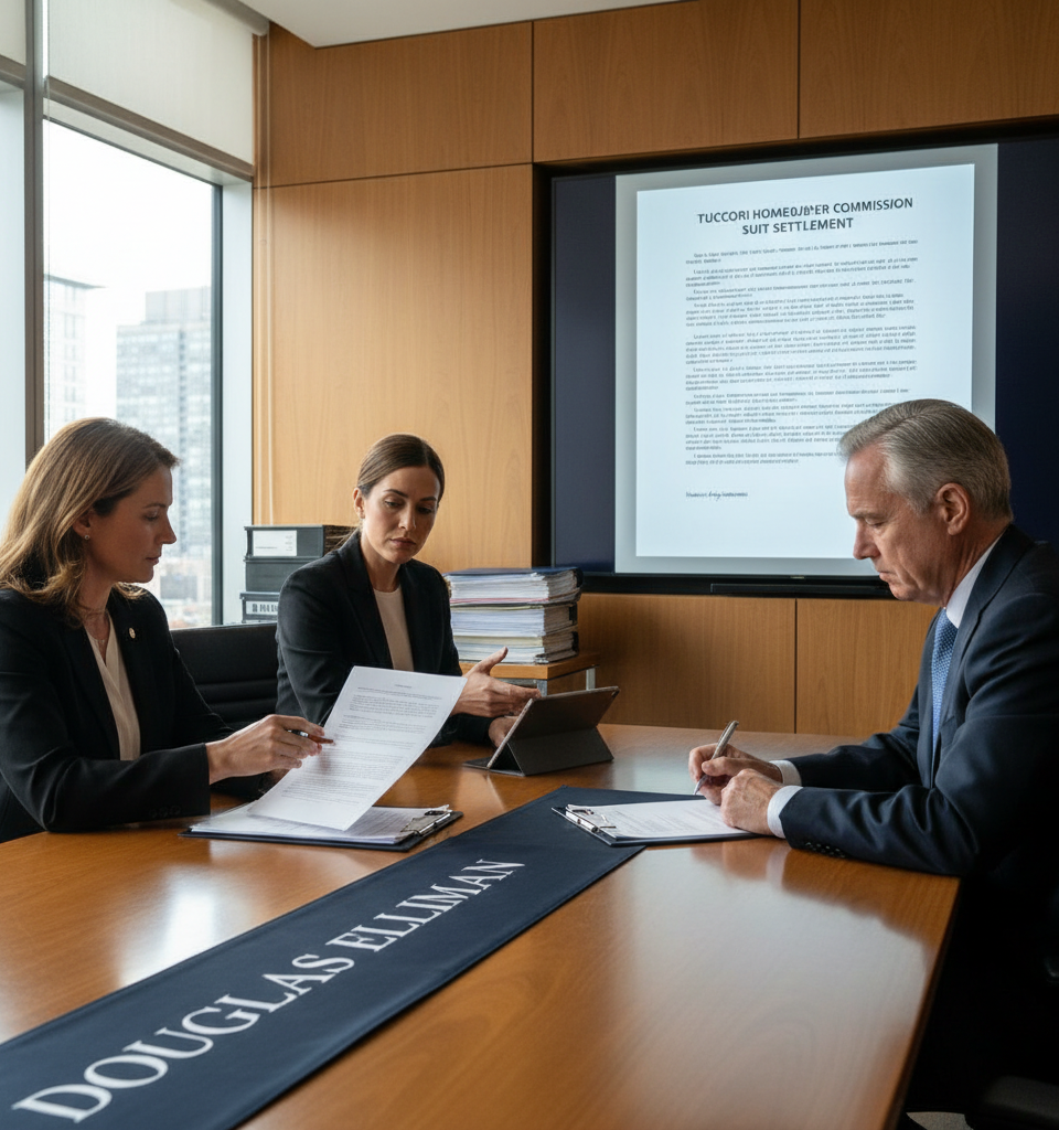 Douglas Elliman opts into Tuccori homebuyer commission suit settlement — AI-generated illustration