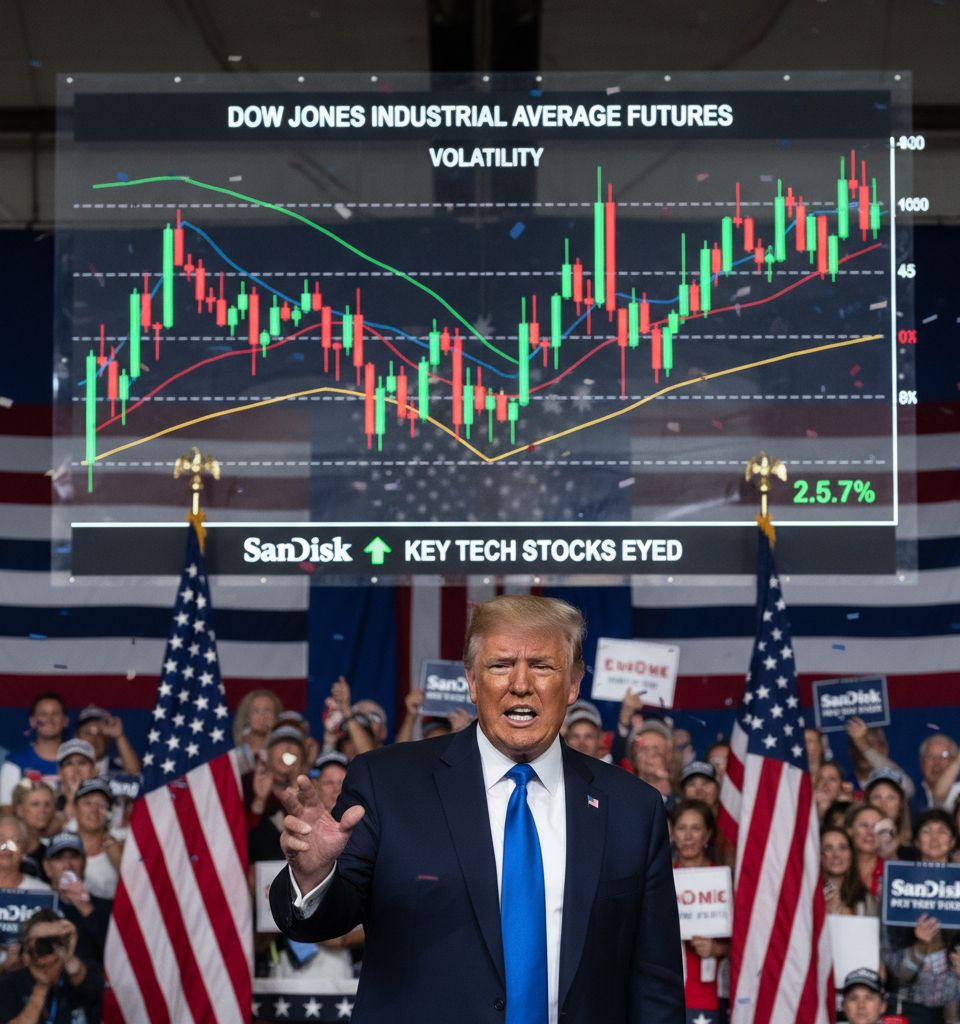 Dow Futures Volatile Amid Geopolitical Tensions; SanDisk Shines as Key Tech Stocks Eyed — AI-generated illustration