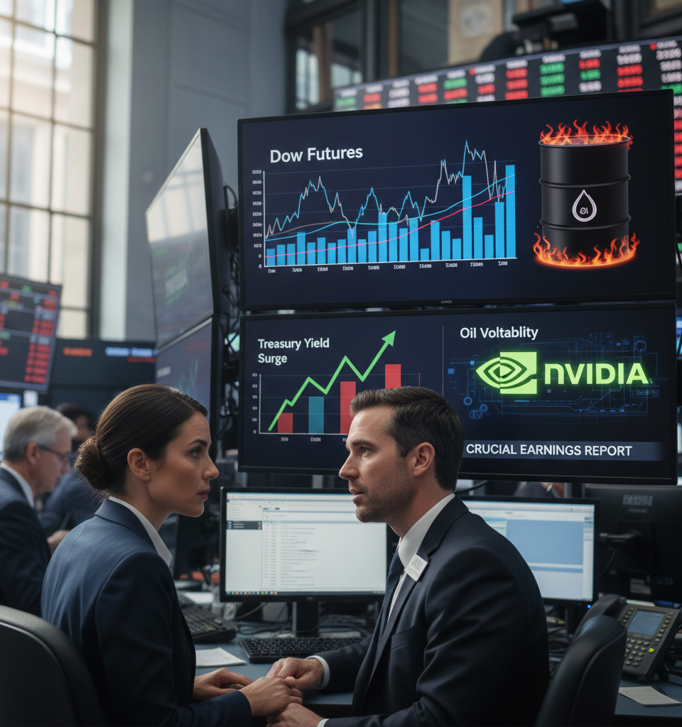 Dow Futures Waver Amidst Treasury Yield Surge, Oil Volatility, Nvidia's Crucial Earnings Report — AI-generated illustration