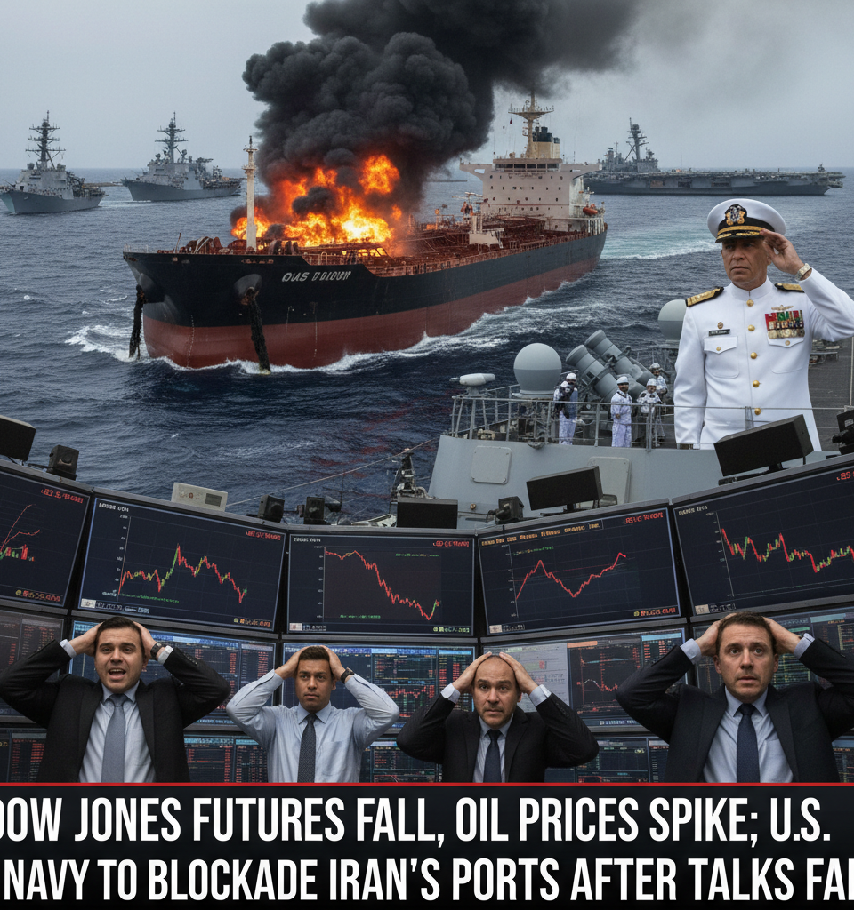 Dow Jones Futures Fall, Oil Prices Spike; U.S. Navy To Blockade Iran's Ports After Talks Fail — AI-generated illustration