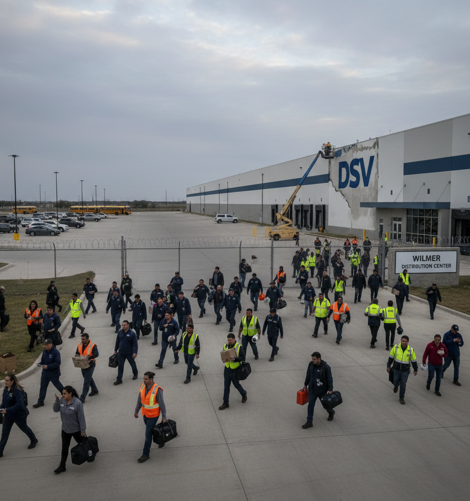 DSV exits Dallas-area contract, 391 jobs cut at Wilmer DC — AI-generated illustration
