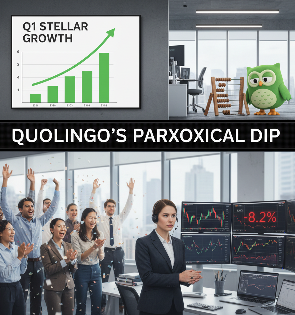 Duolingo's Strategic Slowdown: Stellar Q1 Prompts Paradoxical Stock Dip — AI-generated illustration