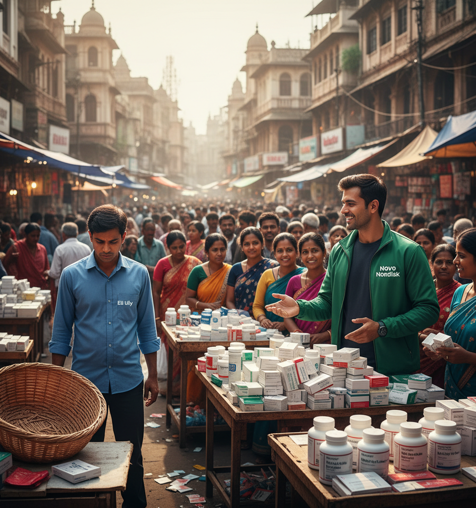 Eli Lilly market share drops, Novo Nordisk holds firm as generic weight-loss drugs flood India — AI-generated illustration