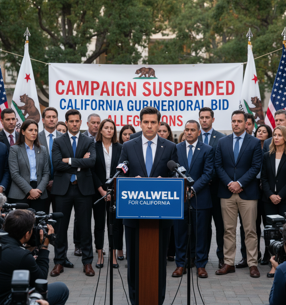 Eric Swalwell Suspends California Gubernatorial Bid Amid Sexual Misconduct Allegations — AI-generated illustration