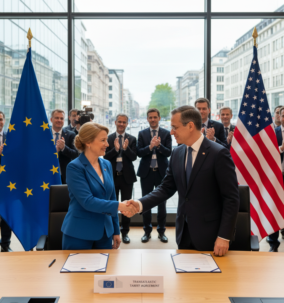 EU set to implement U.S. tariff deal, granting preferential market access — AI-generated illustration