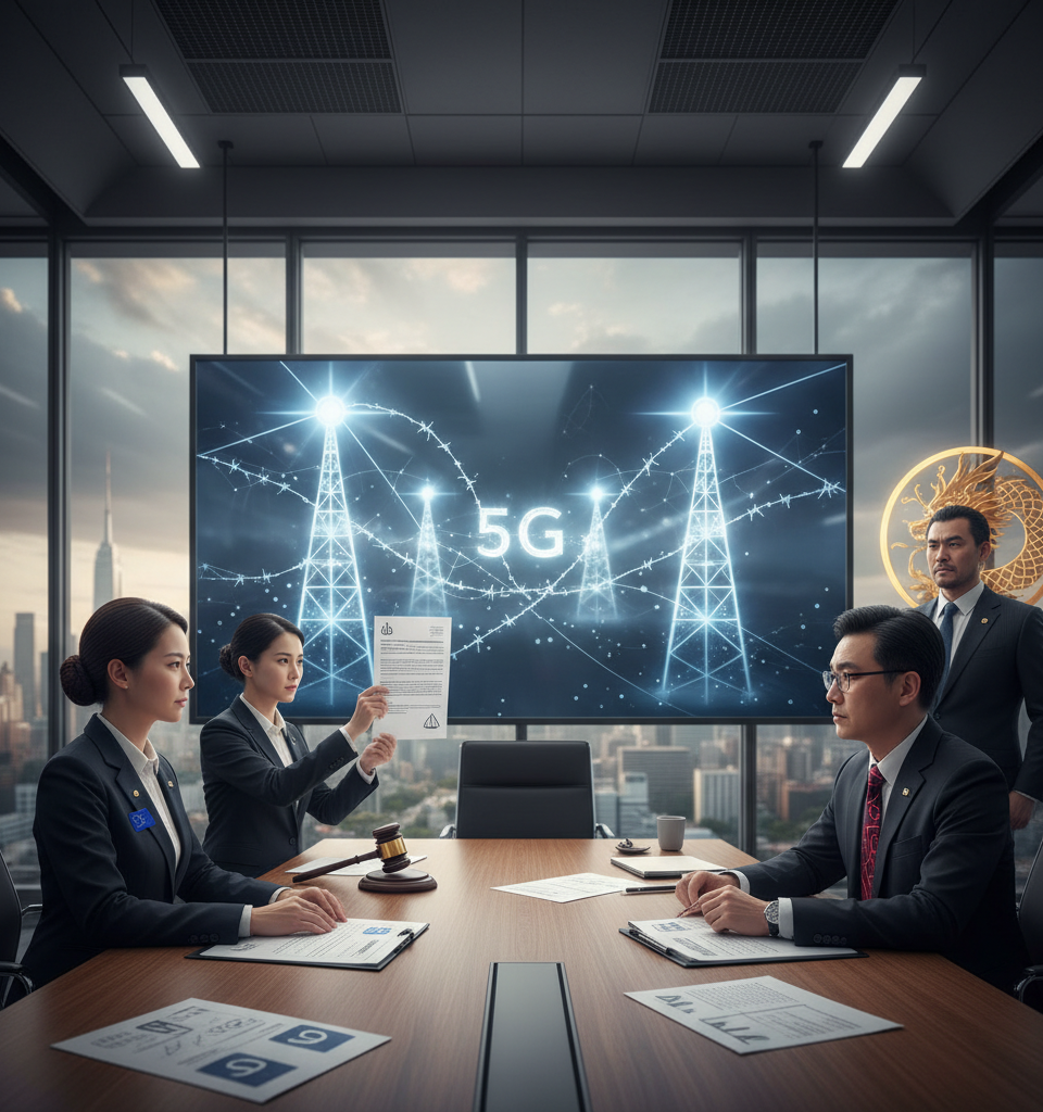 EU Toughens Stance on Huawei, ZTE in 5G Networks, Threatens Legal Action and Chinese Retaliation — AI-generated illustration