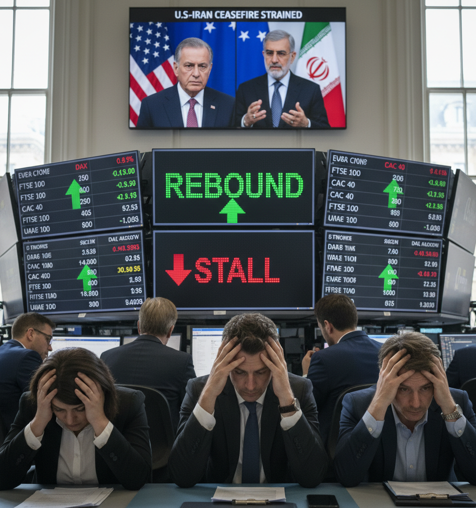 Europe stocks rebound to stall as U.S-Iran ceasefire comes under strain — AI-generated illustration