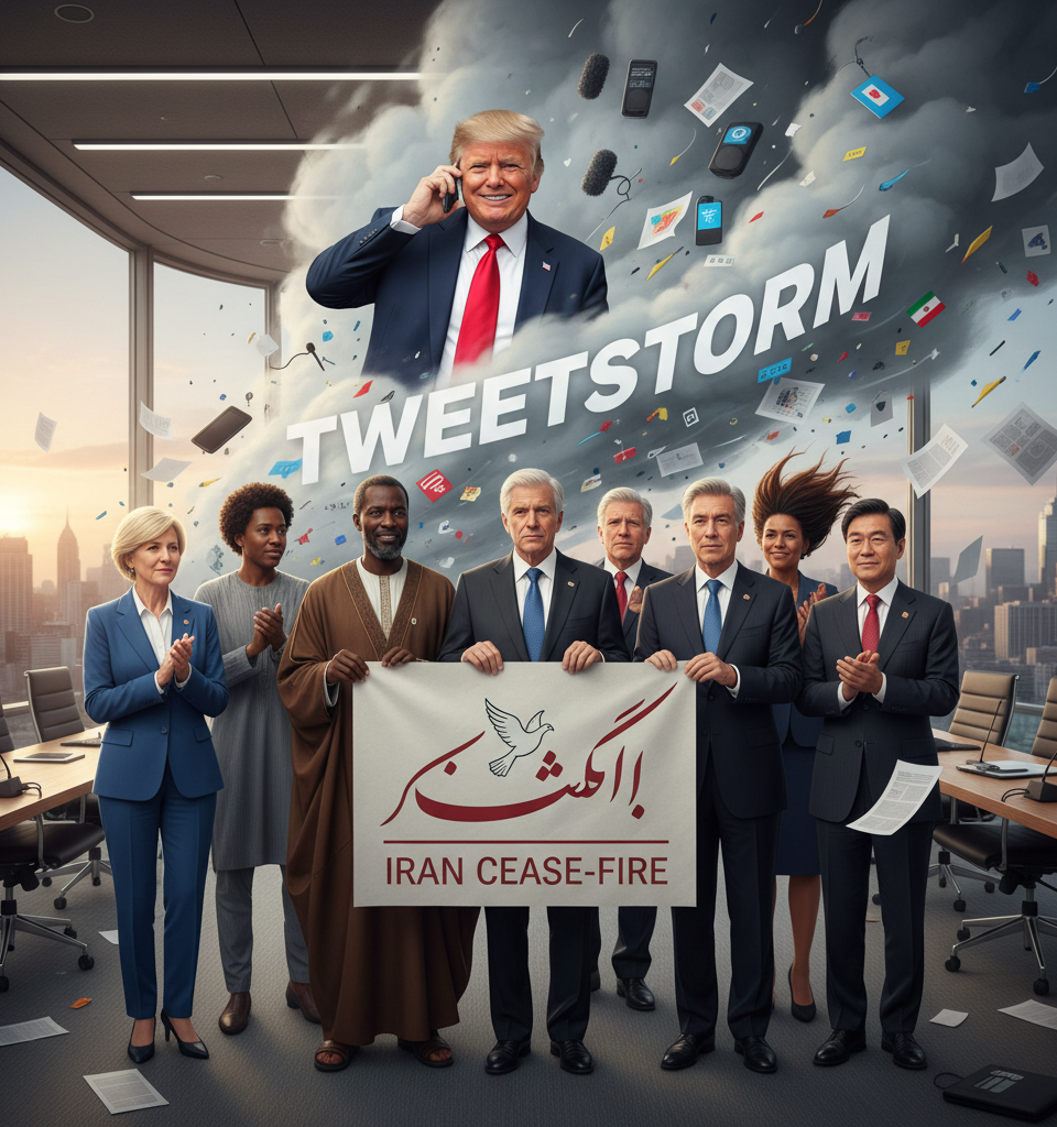 Even as They Praise Iran Cease-Fire, World Leaders Are Whipsawed by Trump — AI-generated illustration