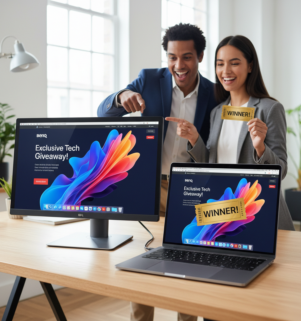 Exclusive Tech Giveaway: MacBook Pro and BenQ 4K Nano Gloss Monitor Up for Grabs — AI-generated illustration