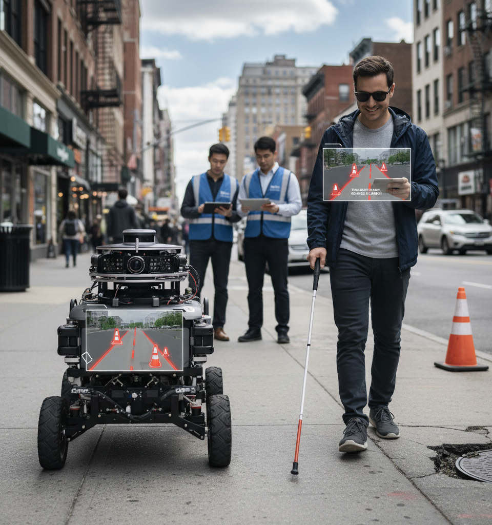Exclusive: Your delivery robot will now offer the blind real-time, on-the-ground eyes around sidewalk hazards — AI-generated illustration