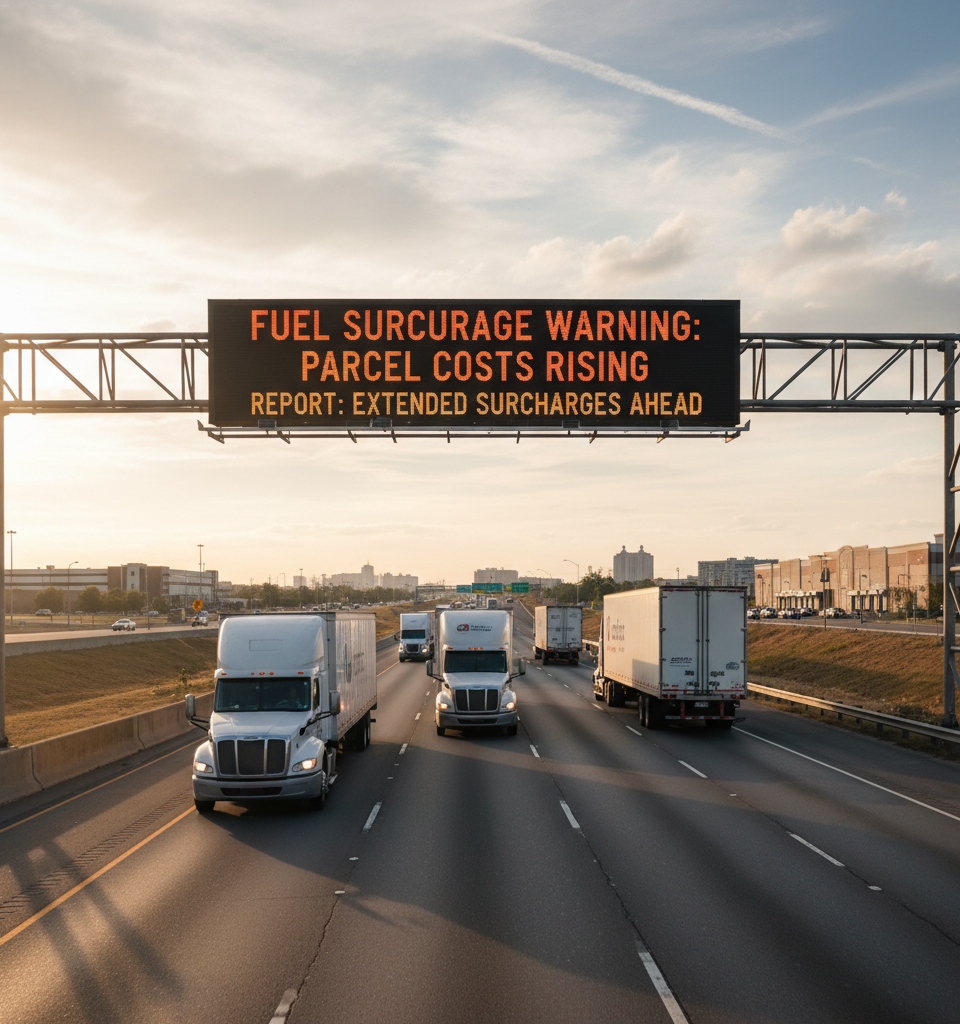 Extended Fuel Surcharges to Drive Parcel Shipping Costs Upward, Report Warns — AI-generated illustration