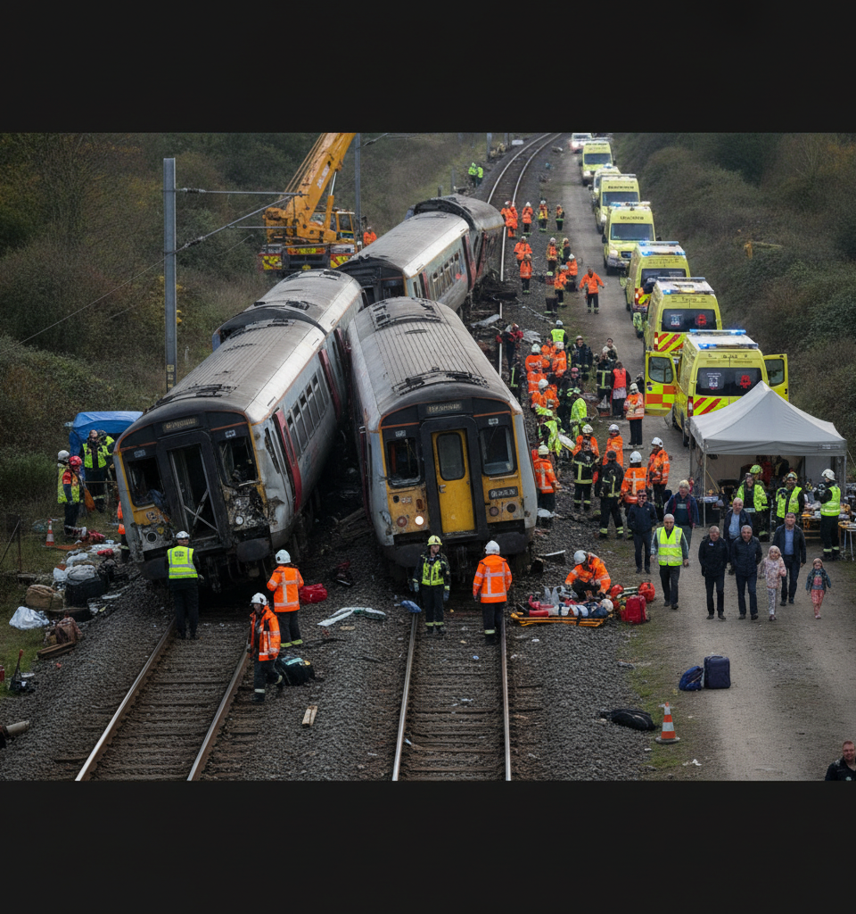 Extended Rail Disruption Expected in Bedford Following Fatal Train Collision; 28 Hospitalized — AI-generated illustration