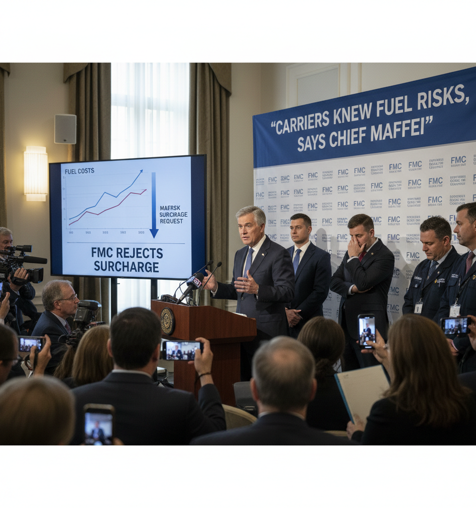 FMC Rejects Maersk's Emergency Surcharge Again: Carriers Knew Fuel Risks, Says Chief — AI-generated illustration