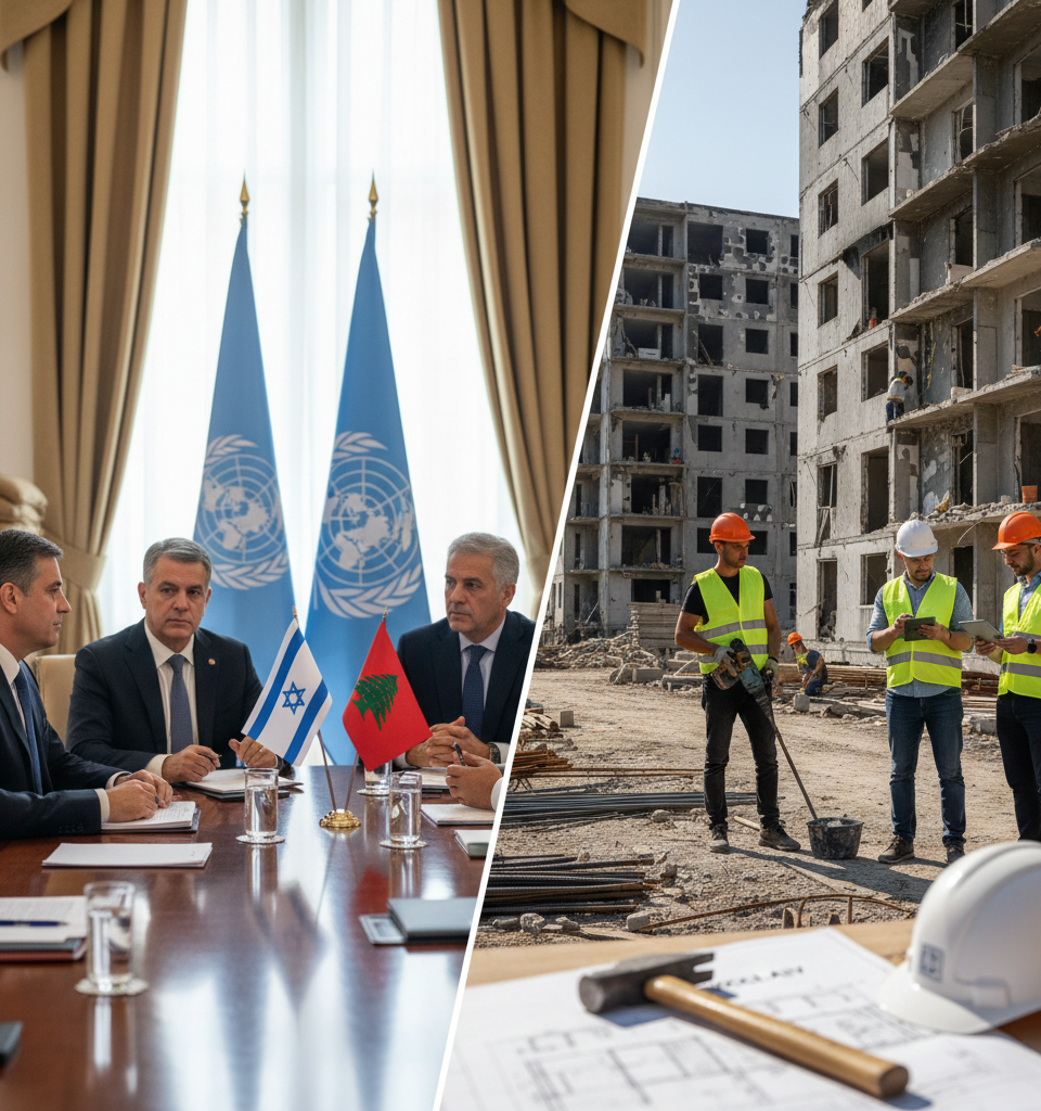 Fragile Dialogue Amidst Crossfire: Israel-Lebanon Talks & Ukraine's Resilient Rebuilding — AI-generated illustration