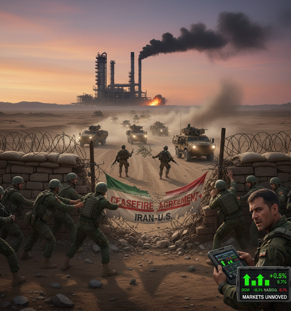 Fragile Iran-U.S. Ceasefire Crumbles Amidst Regional Tensions; Markets Unmoved — AI-generated illustration