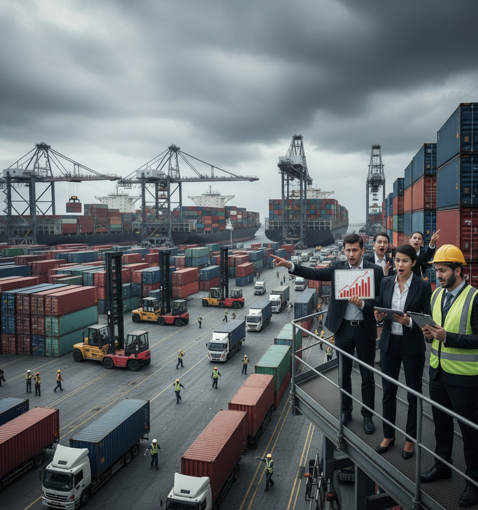 Freight Surge Driven by Tariff Panic, Not Organic Recovery, Alarms Logistics Sector — AI-generated illustration