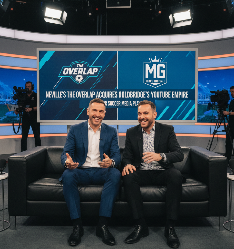Gary Neville's The Overlap Acquires Mark Goldbridge's YouTube Empire in Major Soccer Media Play — AI-generated illustration