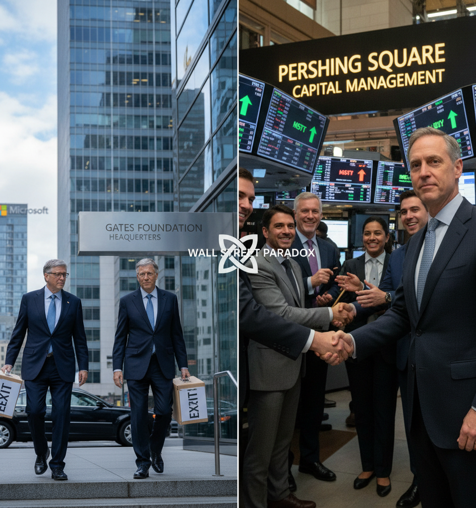 Gates Foundation Exits Microsoft While Ackman's Pershing Square Buys In: A Wall Street Paradox — AI-generated illustration