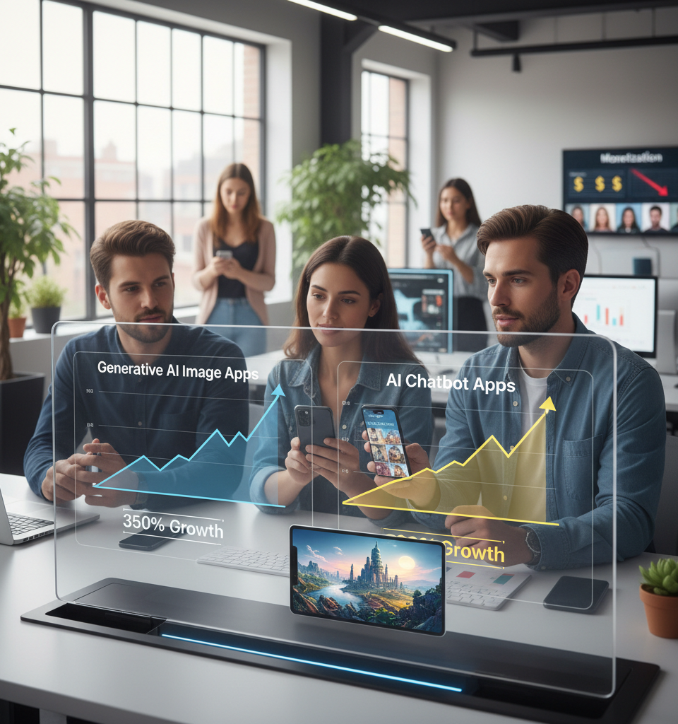 Generative AI Image Models Outpace Chatbots in Driving App Download Surges, But Monetization Lags — AI-generated illustration