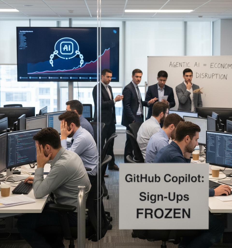 GitHub freezes new Copilot sign-ups as agentic AI breaks the economics of flat-rate developer subscriptions — AI-generated illustration