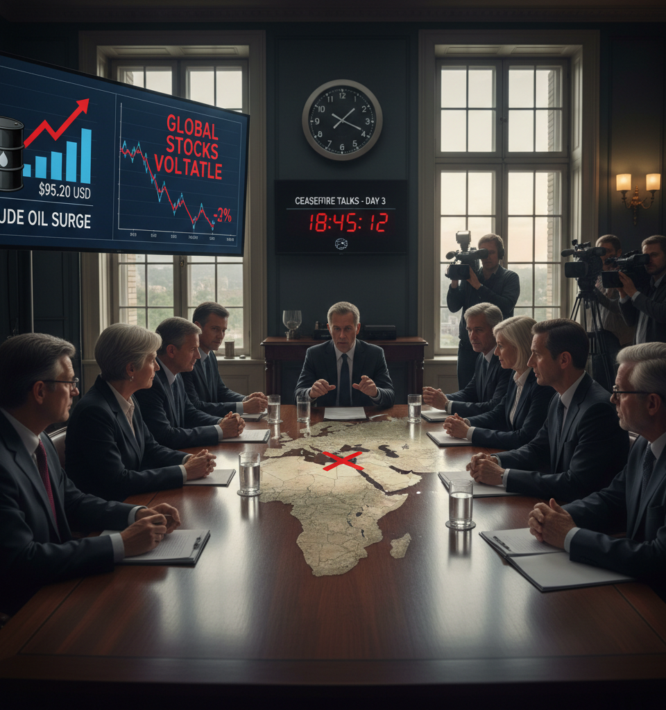 Global Markets on Edge: Oil Surges, Stocks Volatile Amidst Precarious Mideast Ceasefire Talks — AI-generated illustration