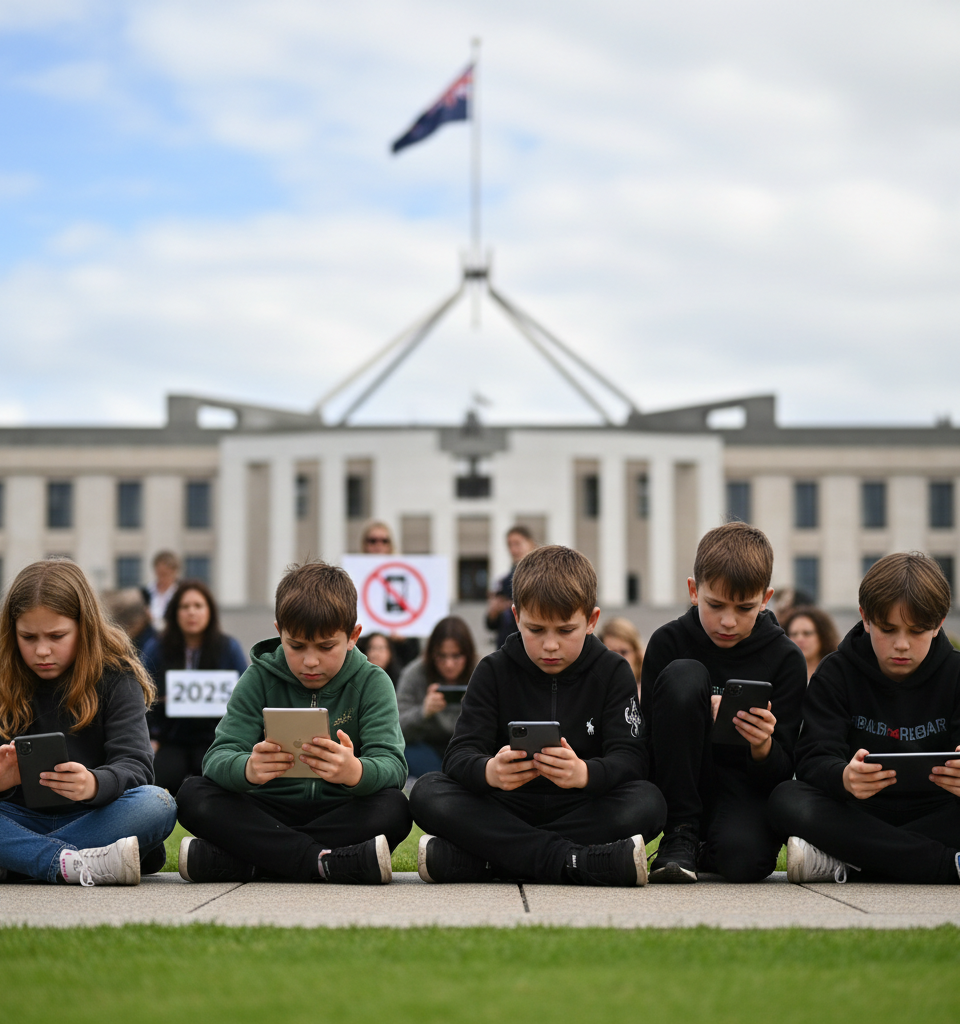 Global Push to Ban Social Media for Minors Intensifies: Australia Leads 2025 Ban — AI-generated illustration