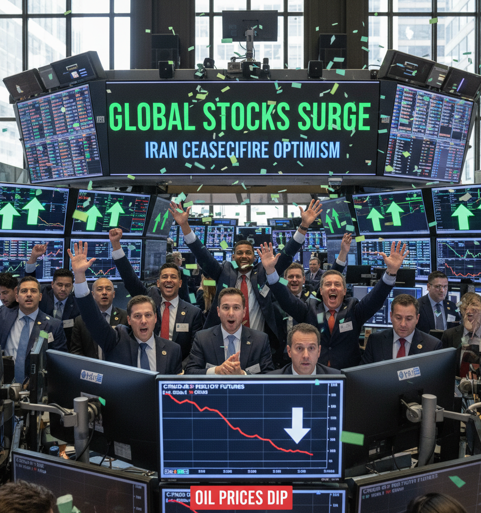Global Stocks Surge on Iran Ceasefire Optimism, Oil Prices Dip — AI-generated illustration