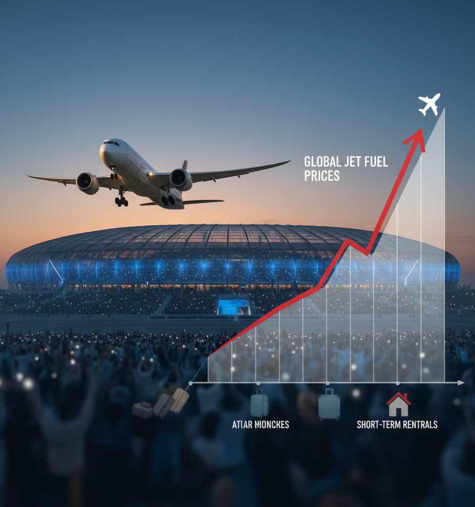 Global Travel Faces Headwinds as Soaring Jet Fuel Costs Threaten World Cup Traffic and Short-Term Rentals — AI-generated illustration