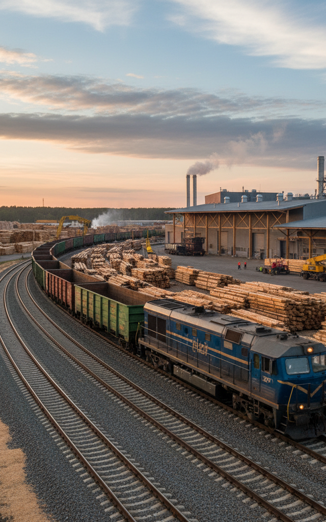 Great Southern Wood-NC and NC Railroad Invest $40M in On-Site Rail to Cut Logistics Costs — AI-generated illustration