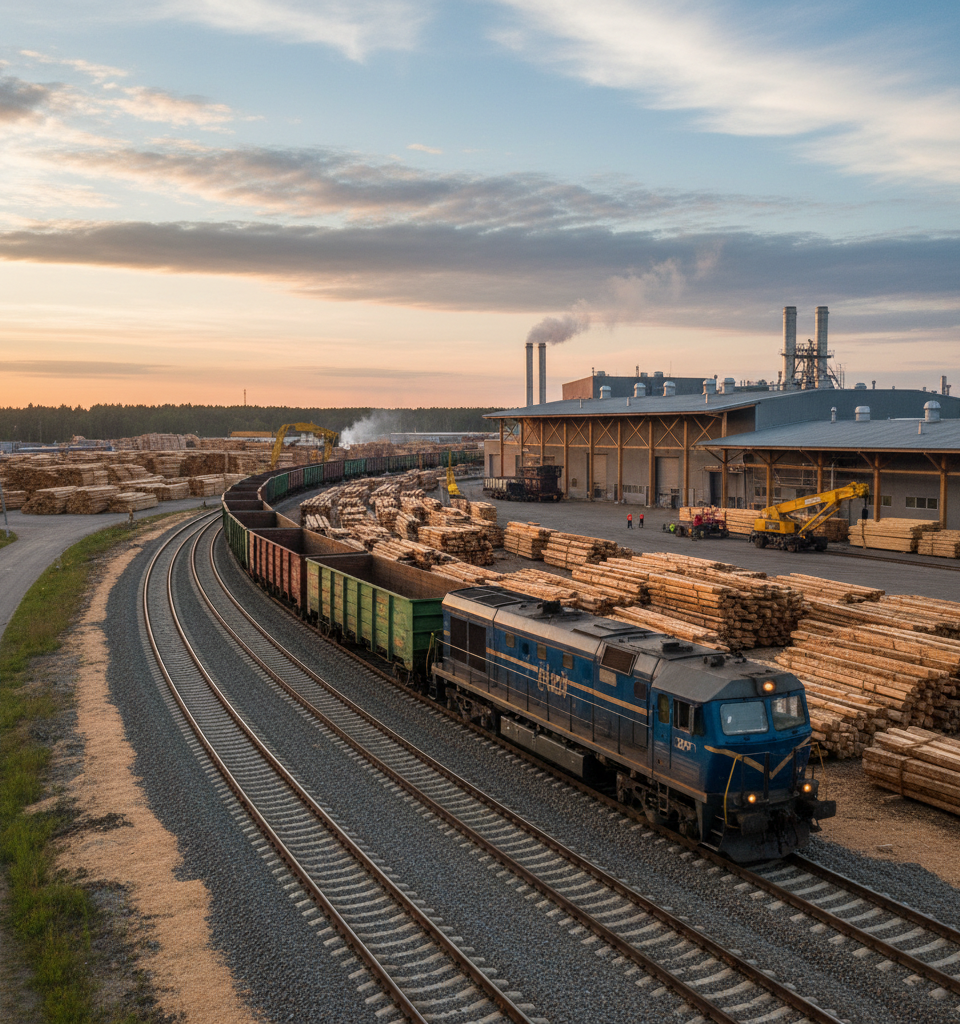 Great Southern Wood-NC and NC Railroad Invest $40M in On-Site Rail to Cut Logistics Costs — AI-generated illustration