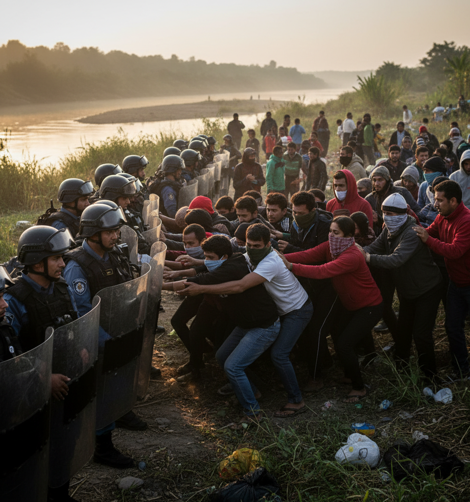 Greek police using masked migrants to forcibly push other migrants back across border — AI-generated illustration